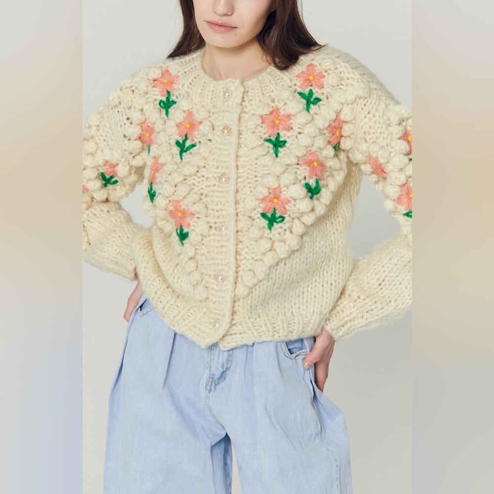 Storets Cream Floral Knit Sweater